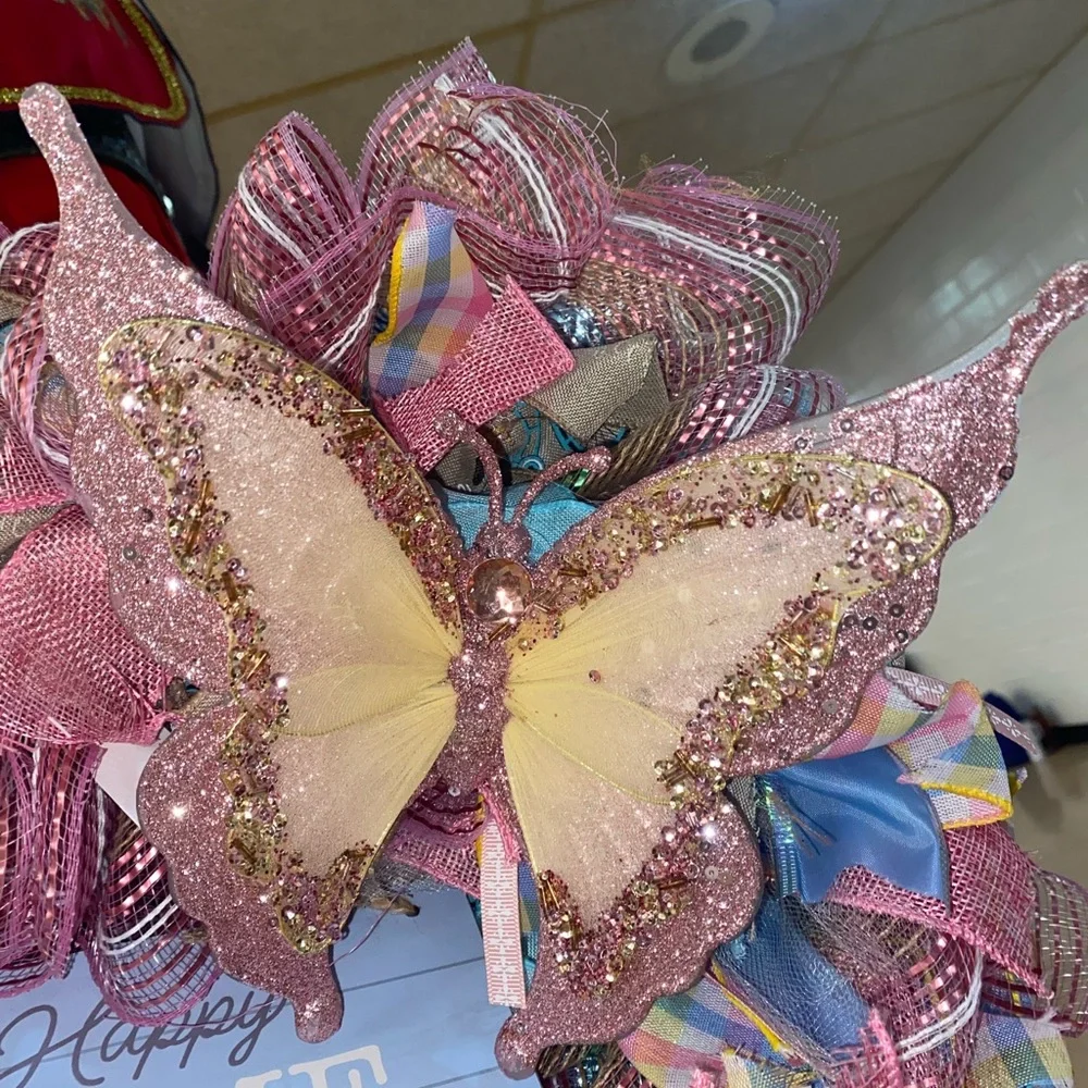 Pink Glitter Butterfly Wreath - Happy Home
